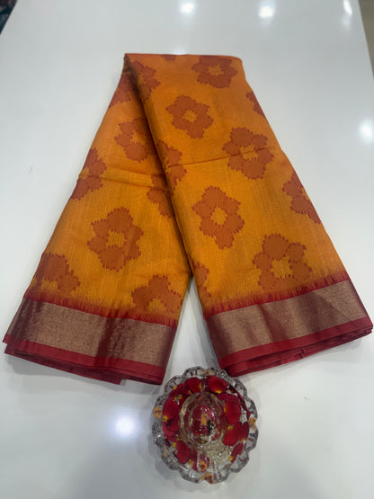 Women’s woven saree with butta motifs, contrast pallu border and tassel pallu, traditional wear, multiple colors
