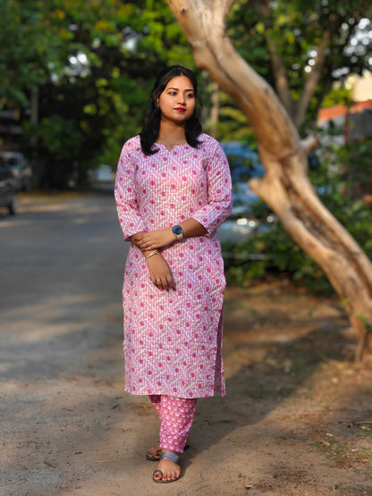 Pink Dobby Dot Printed Kurti with Pant Set for Women – Cotton Blend, Daily Wear, S to XXL