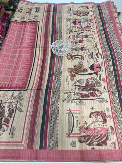 Spider Silk Saree with Folk Art Print Border and Tassel Pallu