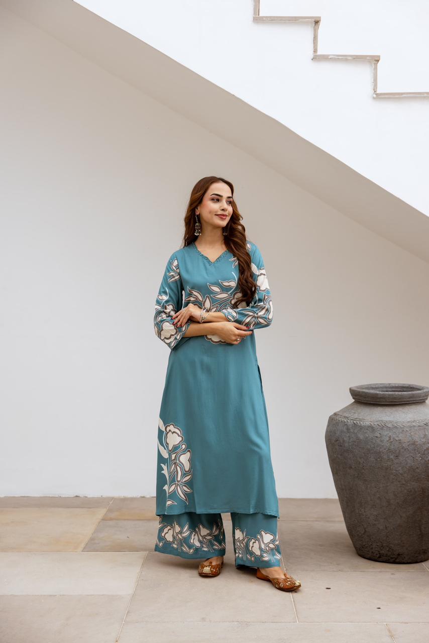 German Rayon Floral Printed Kurta Palazzo Set for Women – Lightweight Daily Wear
