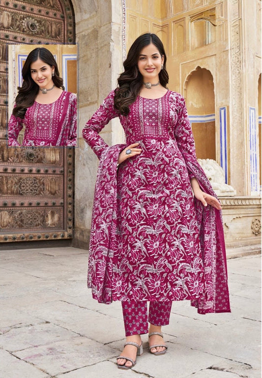 Cambric Cotton Embroidered Kurta Set with Pant and Malmal Dupatta for Women (L to 3XL)