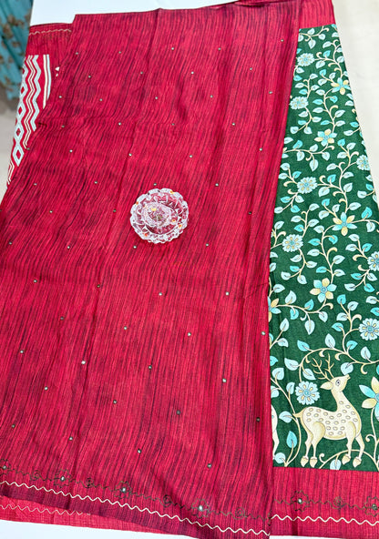 Victoria Cotton Silk Saree with Deer and Floral Print – Lightweight Traditional Cotton Silk Saree for Women