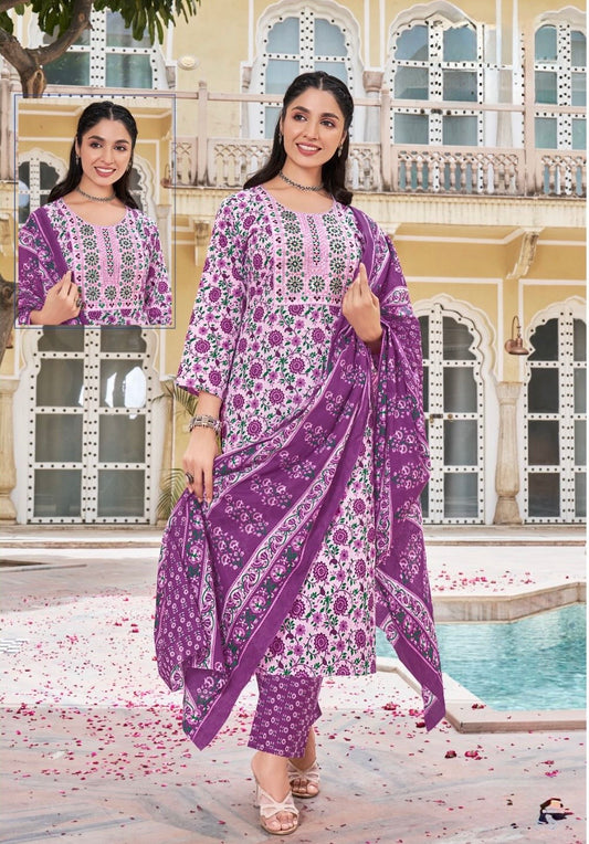 Cambric Cotton Embroidered Kurta Set with Pant and Malmal Dupatta for Women (L to 3XL)
