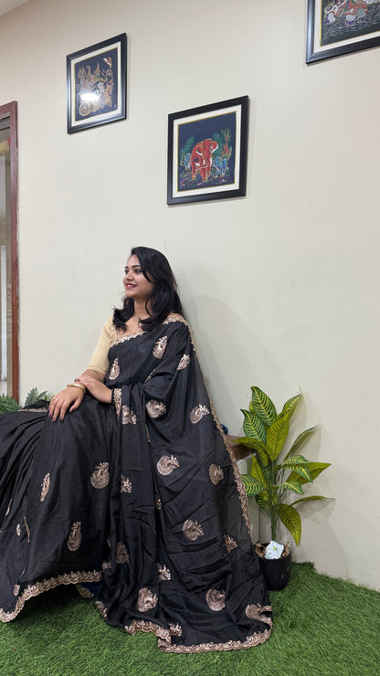 Pure Chinnon Saree with Embroidery, Work & Peacock Butta Motifs – Heavy Embroidered Blouse