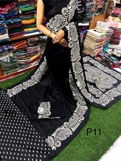 Alpana Print Pure Silk Saree with Printed Blouse Piece