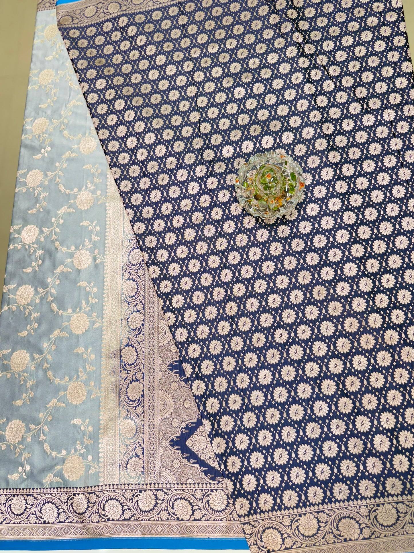 Banarasi Mashru Katan Silk Saree in Grey and Navy Blue with Contrast Blouse Piece – Women’s Festive Wear