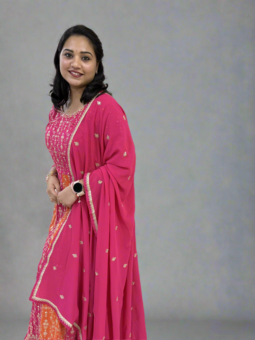 Real Georgette Free Size Embroidered Dress with Embroidered Dupatta – Festive Ethnic Set for Women