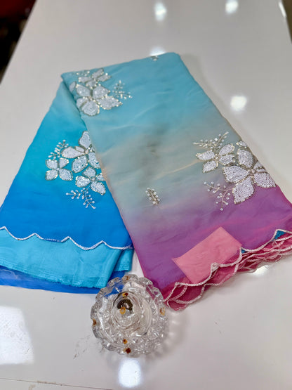 Georgette Saree with Embroidery Work and Satin Blouse for Women