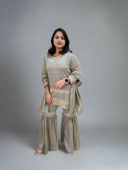 Vichitra Silk Ethnic 3-Piece Set with Embroidered Dupatta – Available in L and XL Sizes