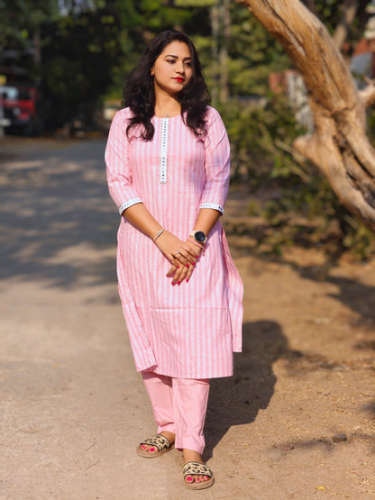 Blue Cotton Blend 2-Piece Casual Set for Women with Sequin and Stripe Pattern