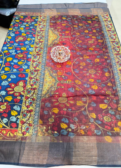 Pure Tussar Munga Silk Saree with Hand-Painted Kalamkari – Silkmark Certified