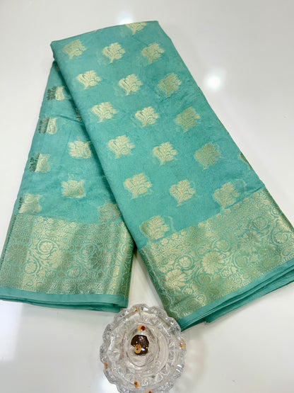 Semi Dupion Silk Saree with Zari Buta Motifs and Contrast Border for Women