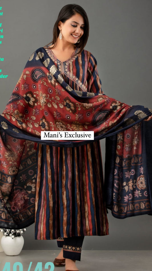 Pure Muslin Alia Cut Kurti Pant Set with Zari Embroidery and Digital Print Dupatta – Size 38