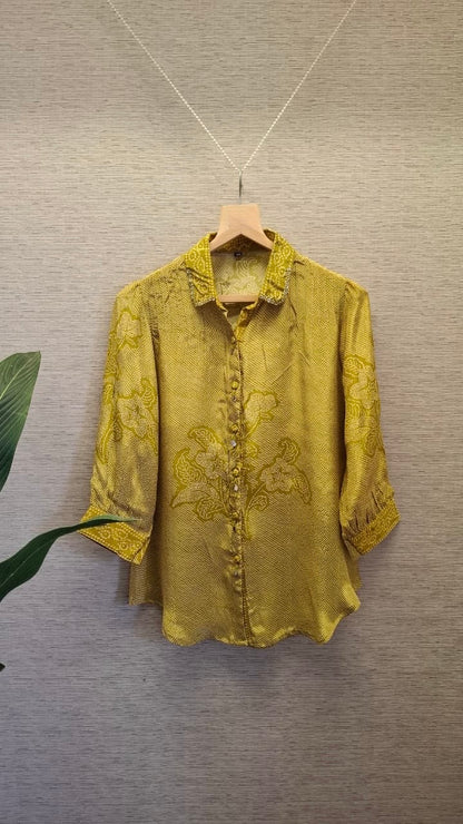 Crepe Bandhani Printed Top with Pintuck Detailing and Metal Buttons for Women