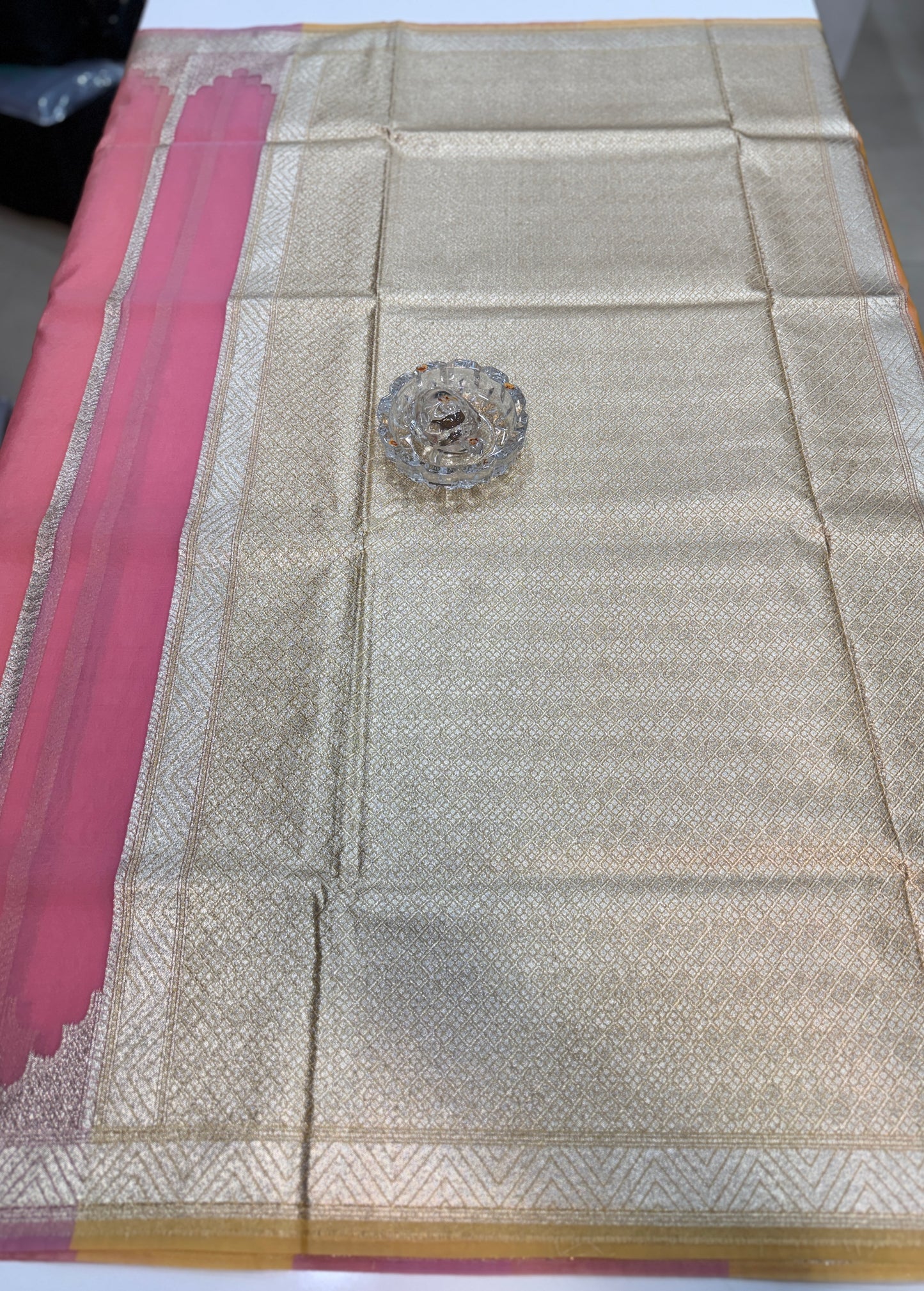 Banarasi handloom kora organza rankaat saree with allover zari stripe weaving and blouse piece