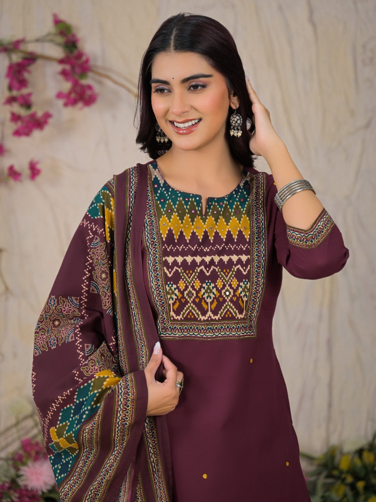 Cotton printed suit set for women with geometric yoke print, matching pant and dupatta