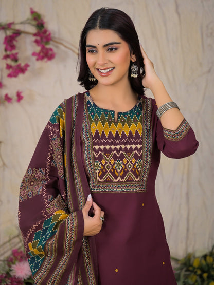Cotton printed suit set for women with geometric yoke print, matching pant and dupatta