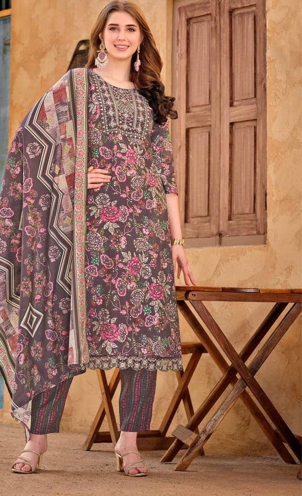 Women’s Plus Size Muslin Printed Kurta Pant Dupatta Set – 6XL