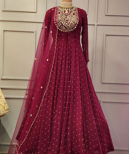 Faux Georgette Embroidered Gown with 5mm Sequins and Real Mirror Work – XL with XXL Margin – Dupatta Set