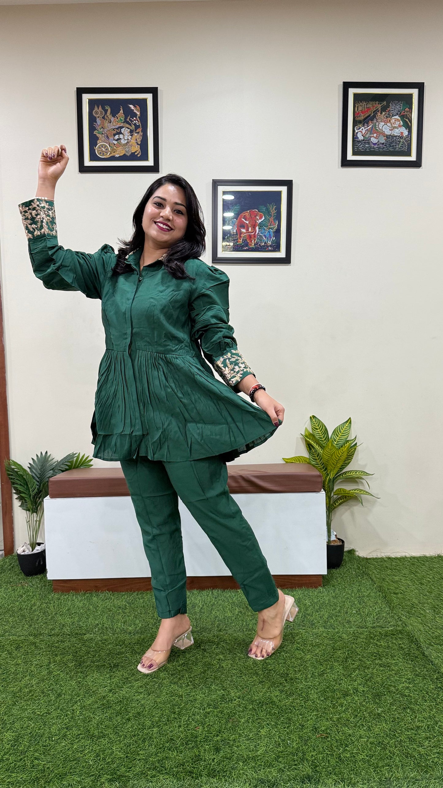 Women's Pure Silk Co-ord Set in Deep Green with Embroidered Collar and Cuff Detail