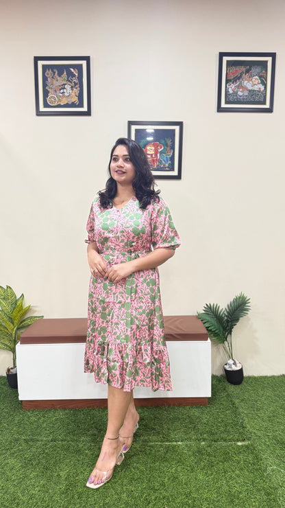 Satin Digital Floral Printed A-Line Midi Dress – Women’s Casual & Semi-Formal Wear (L to 2XL)