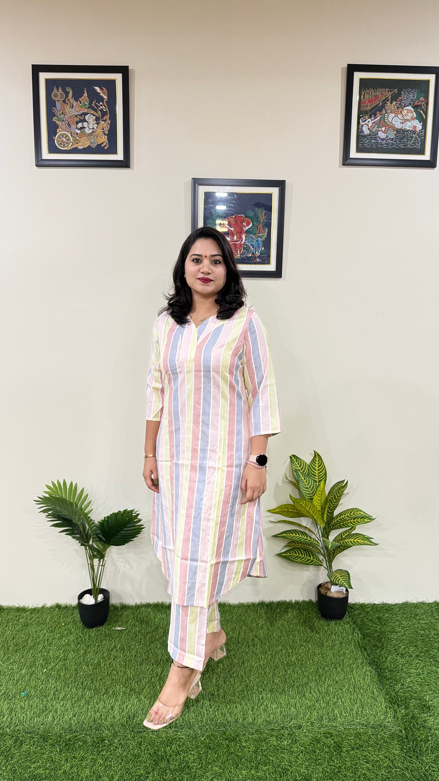 Women's Handloom Striped Coord Set in Soft Cotton – Regular Fit Casual Wear Set (Sizes 36–44)