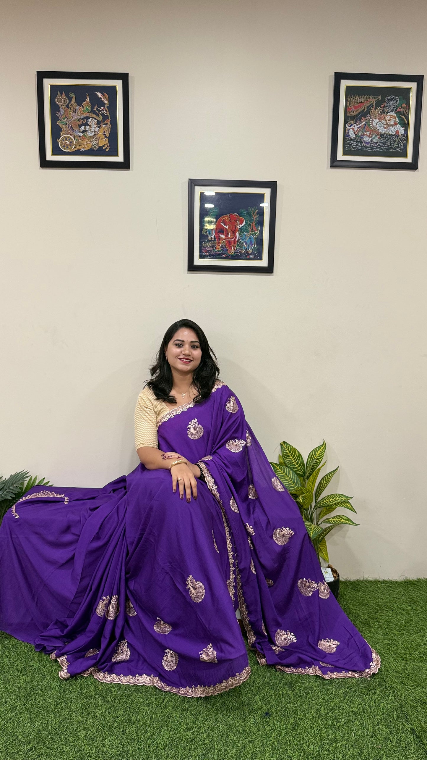 Pure Chinnon Saree with Embroidery, Work & Peacock Butta Motifs – Heavy Embroidered Blouse