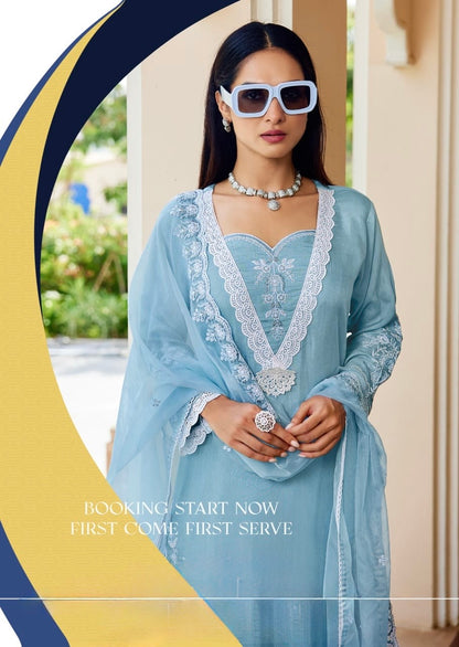 Muslin Kurti Palazzo Dupatta Set with Embroidery and Organza Dupatta for Women – L to 3XL