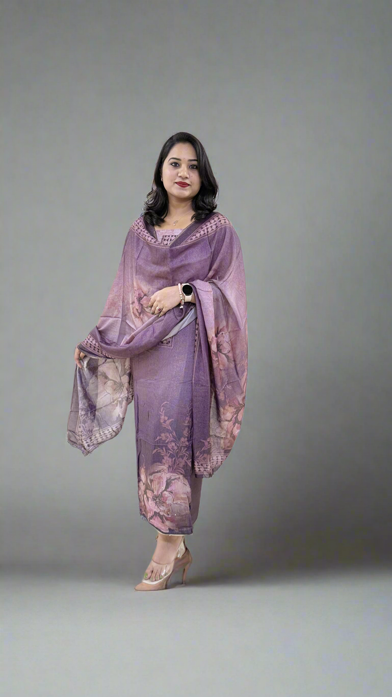 Unstitched Viscose Muslin Shimmer Dress Material with Digital Print, Aari Sequins Mirror Work and Dupatta