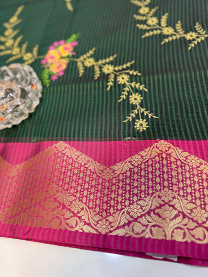 Banarasi kota silk saree with floral embroidery, contrast magenta zari border and matching blouse piece for women