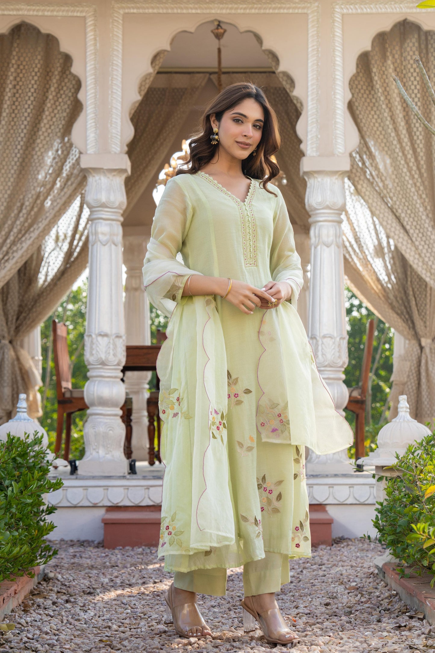 Mal Chanderi Anarkali Kurti Pant Set with Embroidery and Organza Scalloped Dupatta for Women