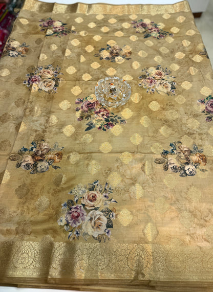 Bamboo Silk Floral Printed Saree with Rich Decorative Pallu, All Over Rich Butti Weaving