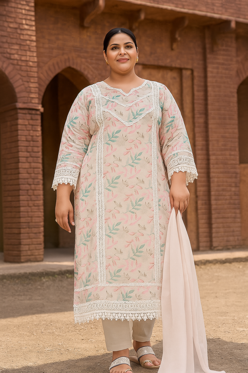 Linen Cotton Kurti Pant Set with Nazmin Dupatta and Lace Work – Plus Sizes Available