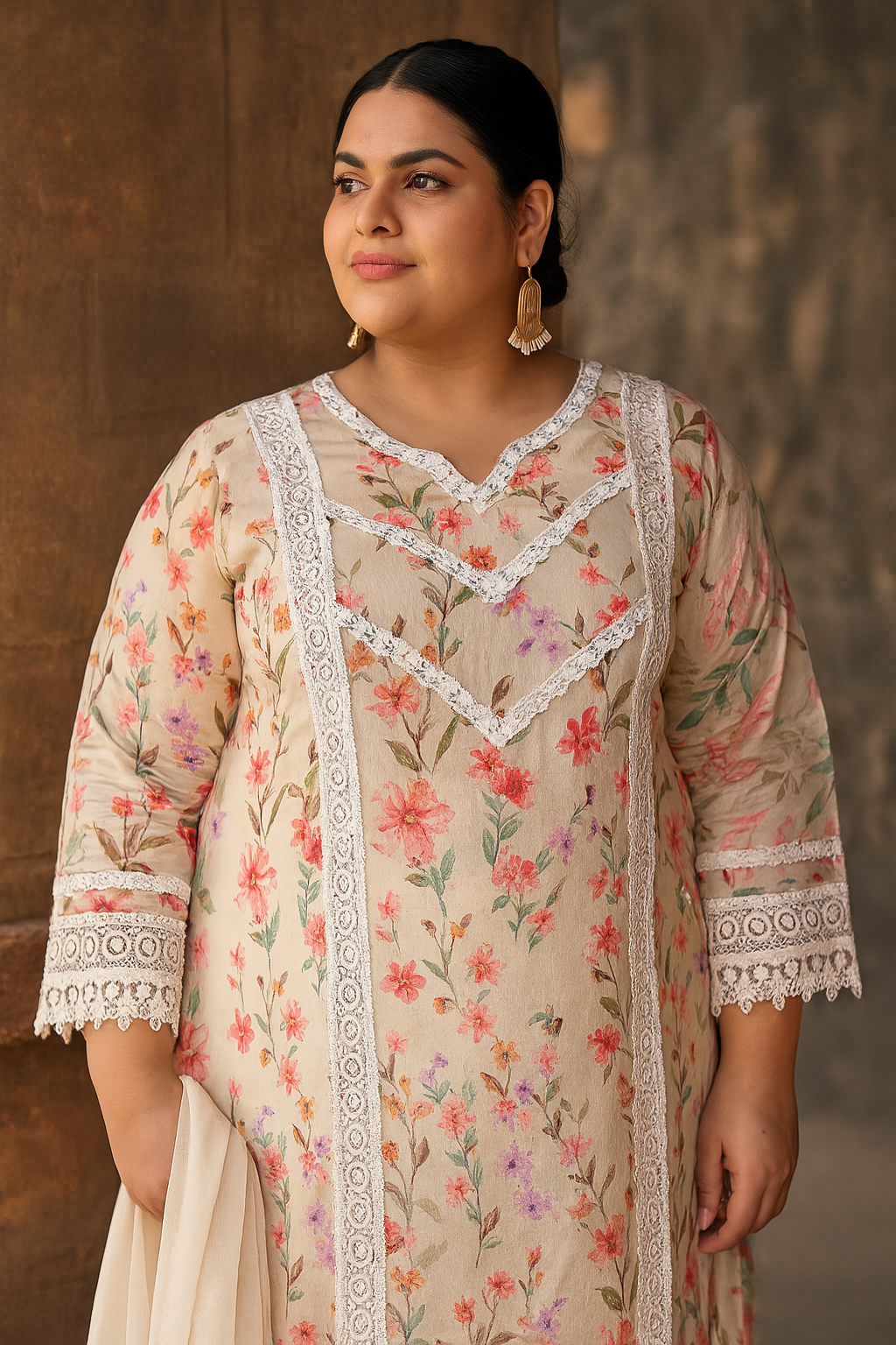 Linen Cotton Kurti Pant Set with Nazmin Dupatta and Lace Work – Plus Sizes Available
