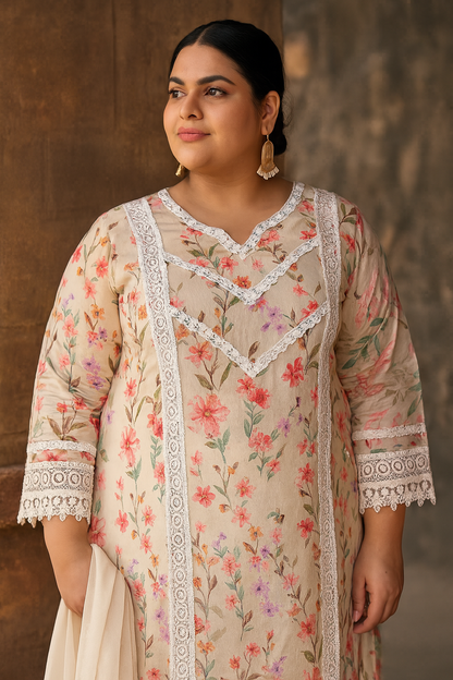 Linen Cotton Kurti Pant Set with Nazmin Dupatta and Lace Work – Plus Sizes Available