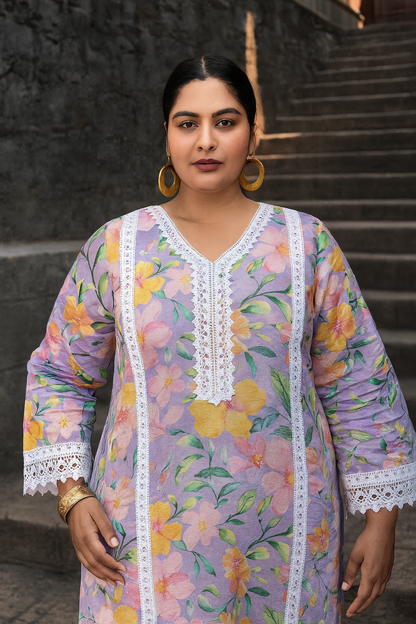 Linen Cotton Kurti Pant Set with Nazmin Dupatta and Lace Work – Plus Sizes Available