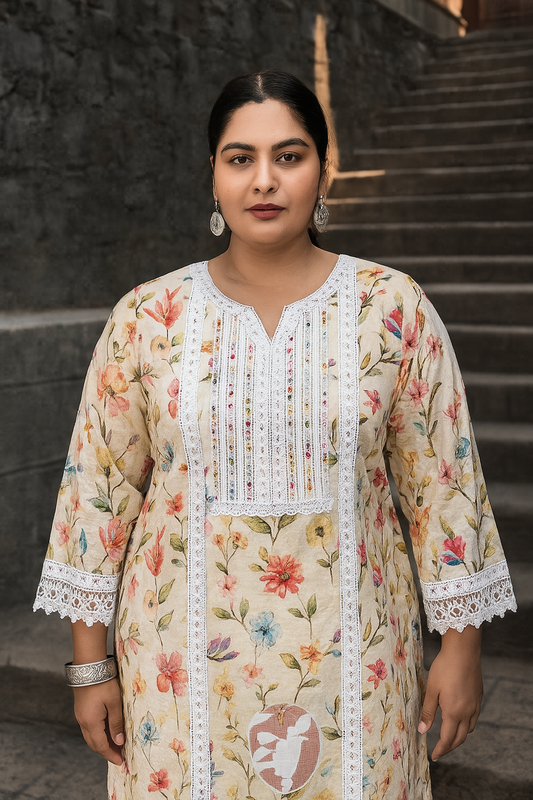 Linen Cotton Kurti Pant Set with Nazmin Dupatta and Lace Work – Plus Sizes Available