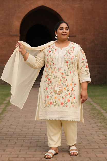 Linen Cotton Kurti Pant Set with Nazmin Dupatta and Lace Work – Plus Sizes Available