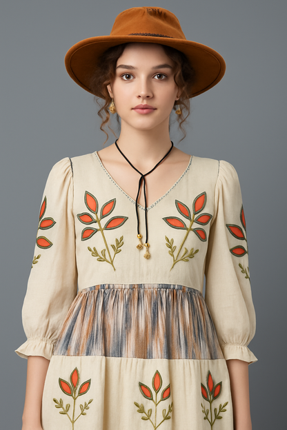 Indo-Western Dress with Katdana and Beadwork Yoke, Ruffled Sleeves & Dori Tie – Women’s Casual & Occasion Wear (Sizes 36 to 42)