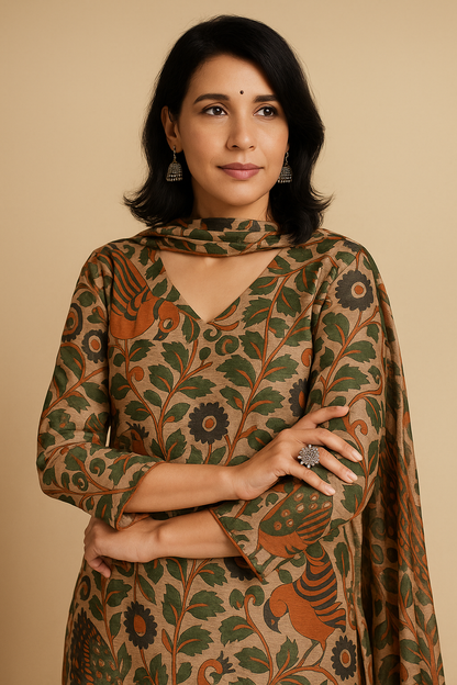 Handloom Cotton Silk Kalamkari Print Kurti Pant Dupatta Set – Women’s Ethnic Wear