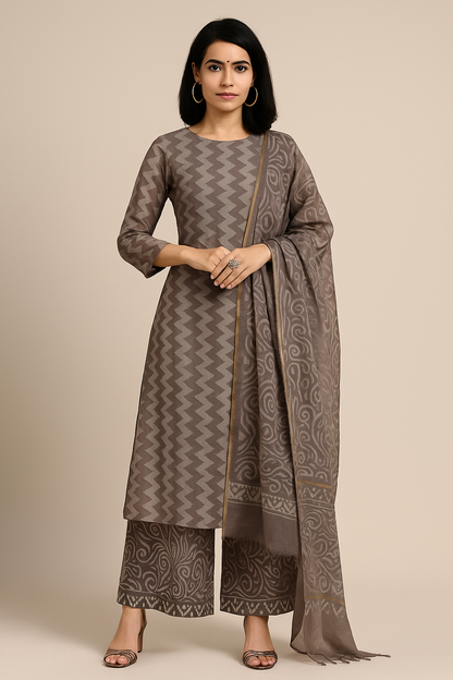 Pure Handblock Kota Doriya Kurti with Flared Cotton Palazzo and Kota Doriya Dupatta – Women’s Ethnic Wear