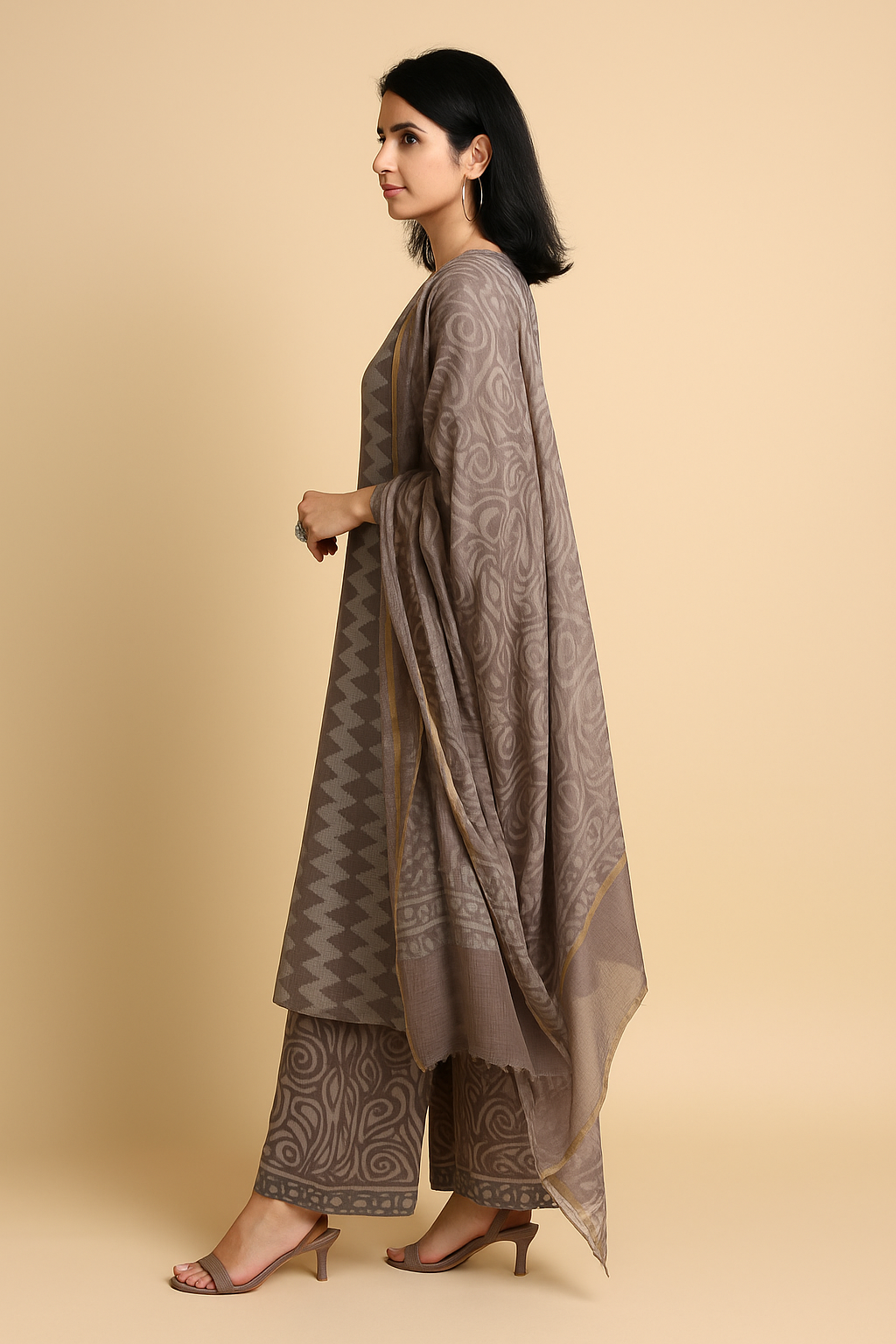 Pure Handblock Kota Doriya Kurti with Flared Cotton Palazzo and Kota Doriya Dupatta – Women’s Ethnic Wear