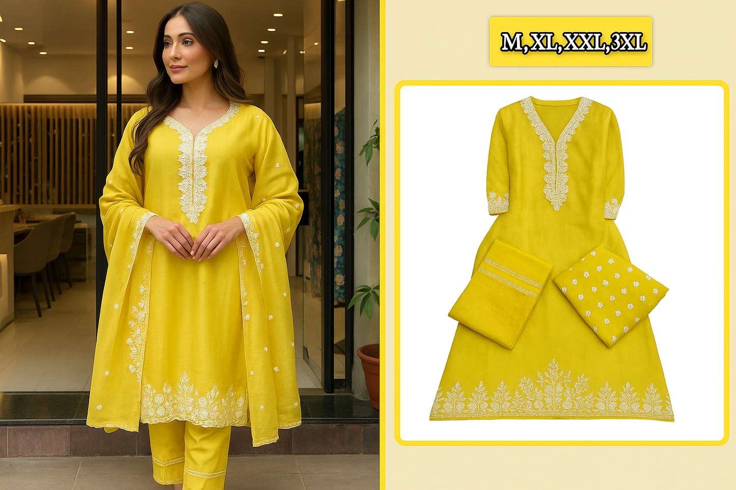 Yellow Cotton Suit Set with Chicken Lace Work Kurti Pant and Malmal Dupatta for Women