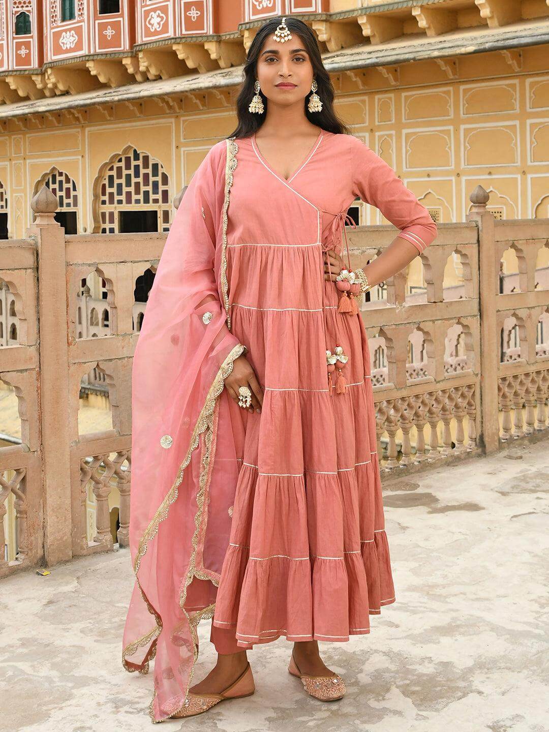Dusty Rose Cotton Angrakha Kurta Pant Dupatta Set with Gota Detailing and Tassels for Women