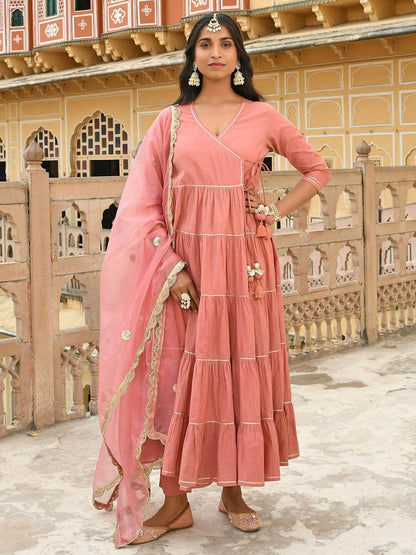 Dusty Rose Cotton Angrakha Kurta Pant Dupatta Set with Gota Detailing and Tassels for Women