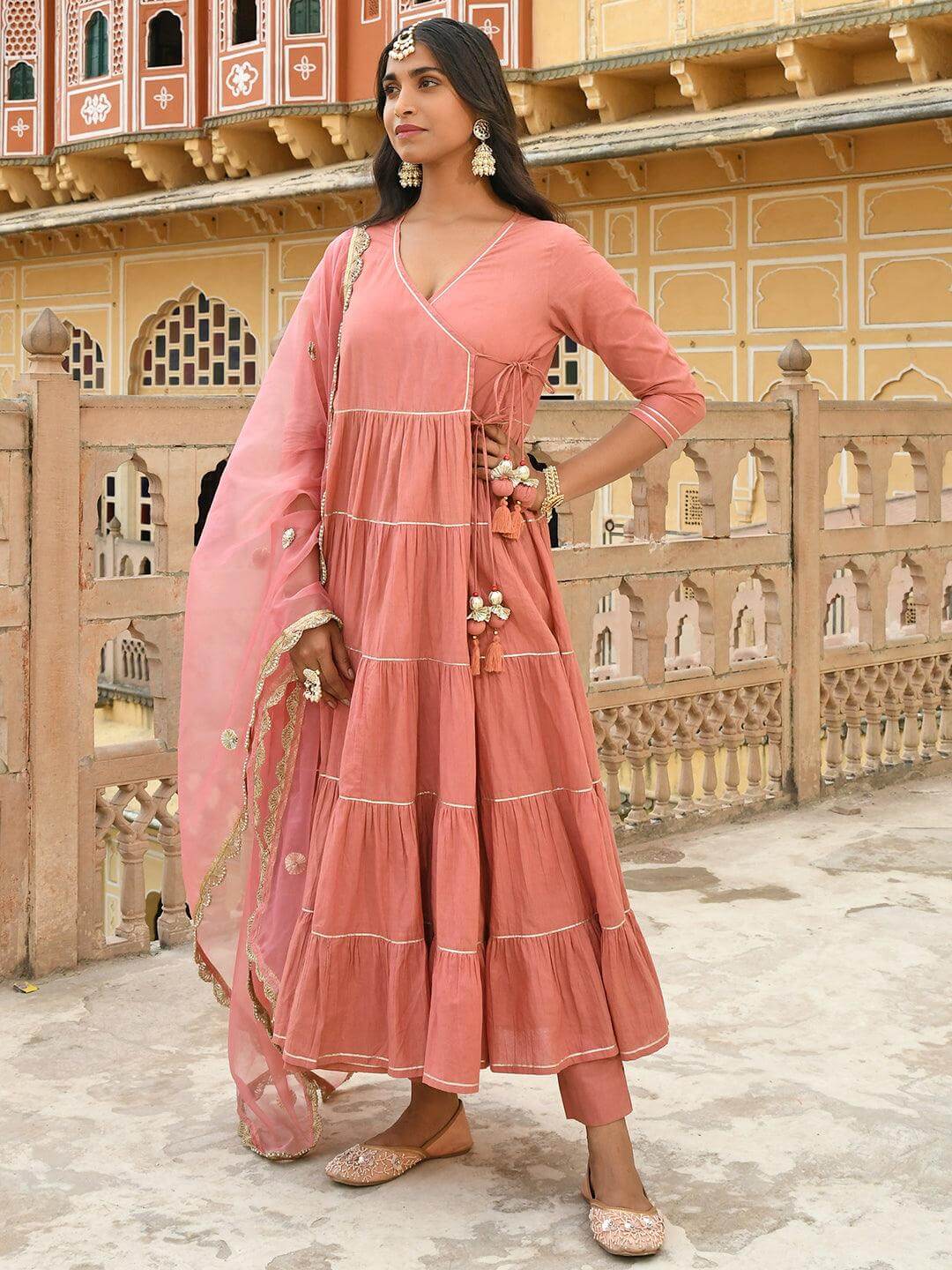 Dusty Rose Cotton Angrakha Kurta Pant Dupatta Set with Gota Detailing and Tassels for Women