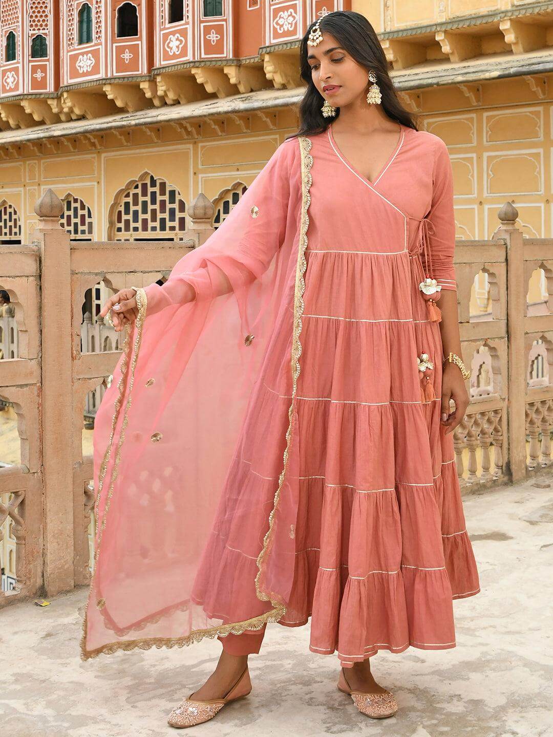 Dusty Rose Cotton Angrakha Kurta Pant Dupatta Set with Gota Detailing and Tassels for Women