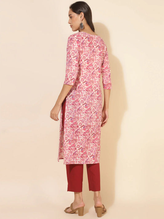 Pink Cotton Floral Printed Straight Kurti for Women with Notch Neck – L & XL