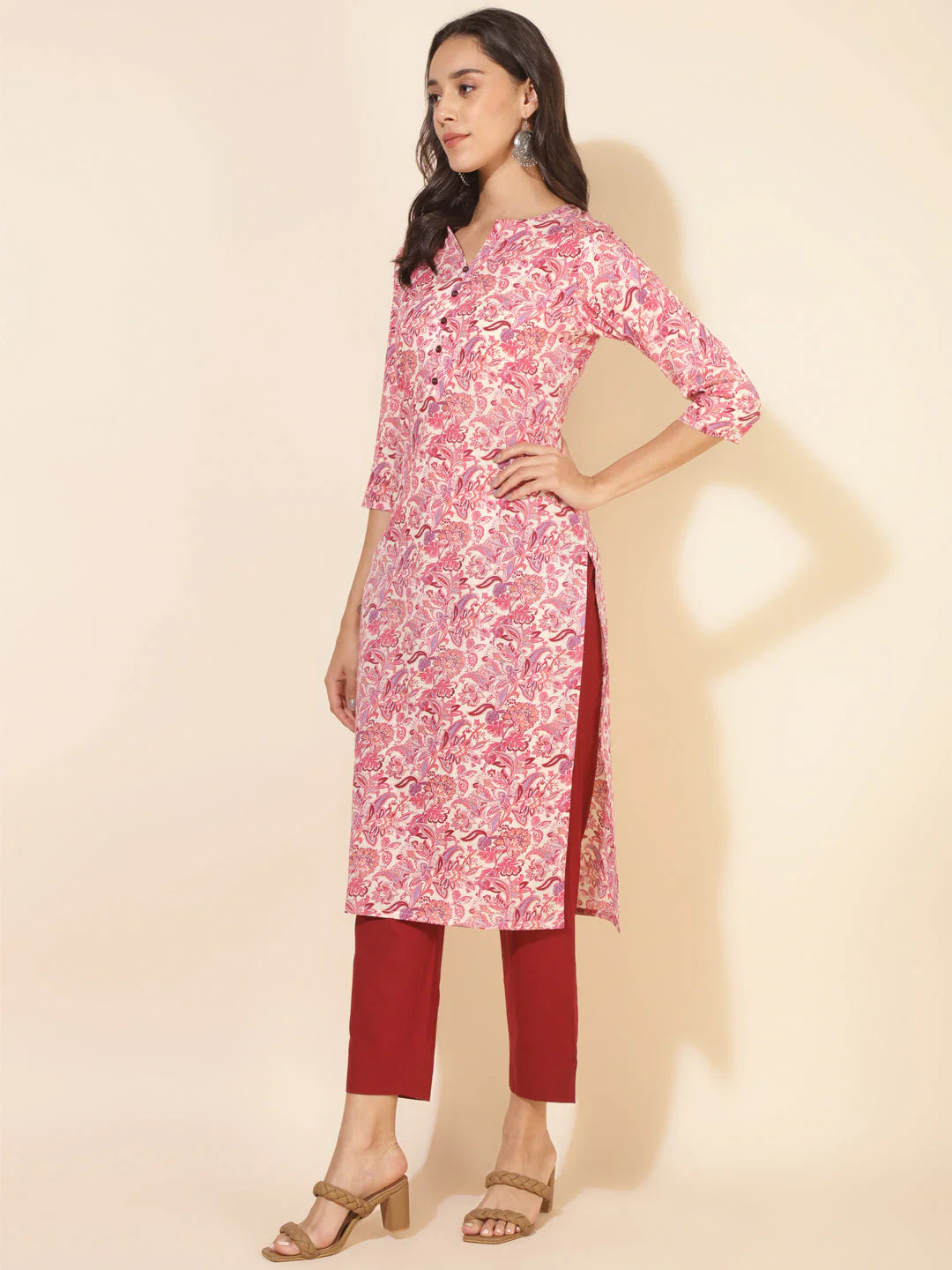 Pink Cotton Floral Printed Straight Kurti for Women with Notch Neck – L & XL