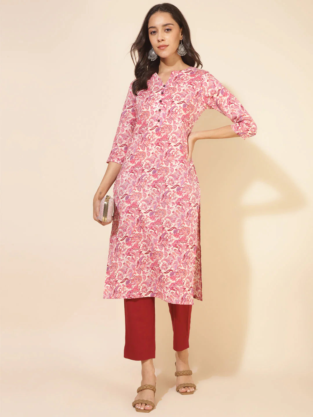 Pink Cotton Floral Printed Straight Kurti for Women with Notch Neck – L & XL